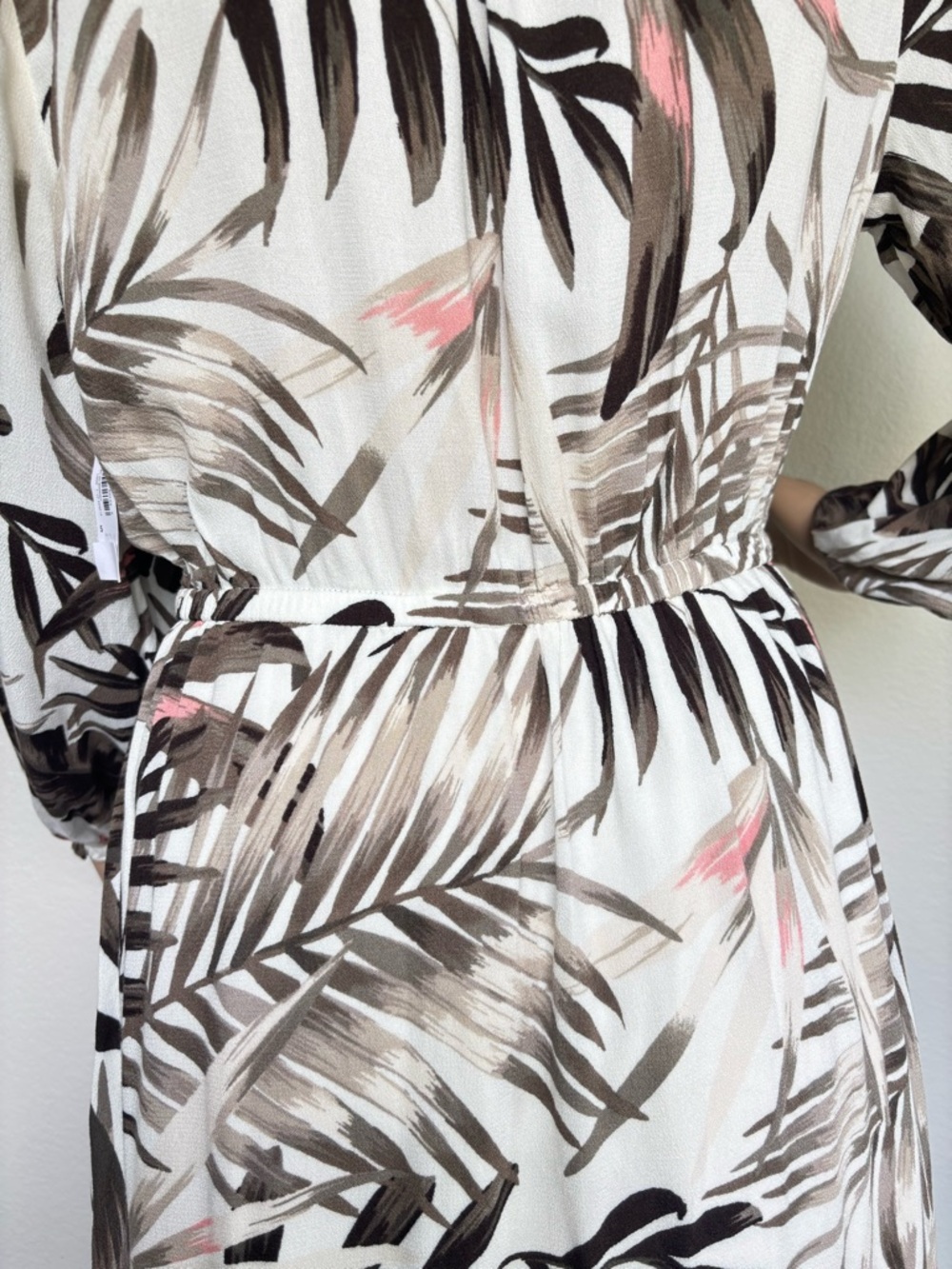 Old Navy White Tropical-Print Long Sleeve Wrap Dress with Brown and Pink Accents - Picture 8 of 16